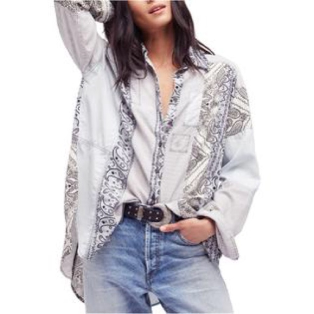 Free People All Patched Up Chambray Shirt NWT